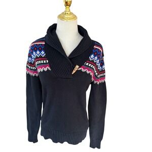 Lauren Ralph Lauren Black Shawl Collar Sweater with Blue and Red Fair Isle Yoke